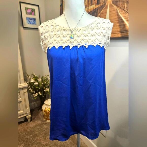 Sage Blue and White Crochet Trimmed Top #177 - Picture 1 of 9